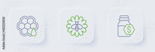 Set line Sale in jar of honey, Bee flower and Honeycomb icon. Vector