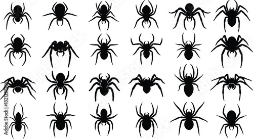 Collection of spider silhouettes, creepy insect icons, Halloween arachnid designs, detailed vector spider illustrations for horror themes, spooky graphics, decoration elements, and creative projects