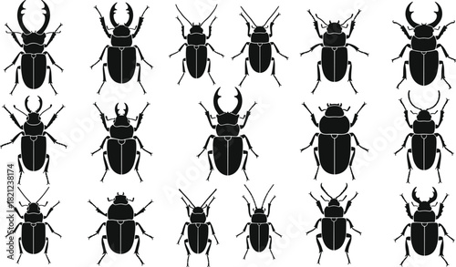 Collection of Stag Beetle and Various Insect Silhouette Icons, Large Set of Horned Bug and Arthropod Shapes Vector Graphics, Ideal for Entomology, Biology Education, and Nature-Themed Projects.