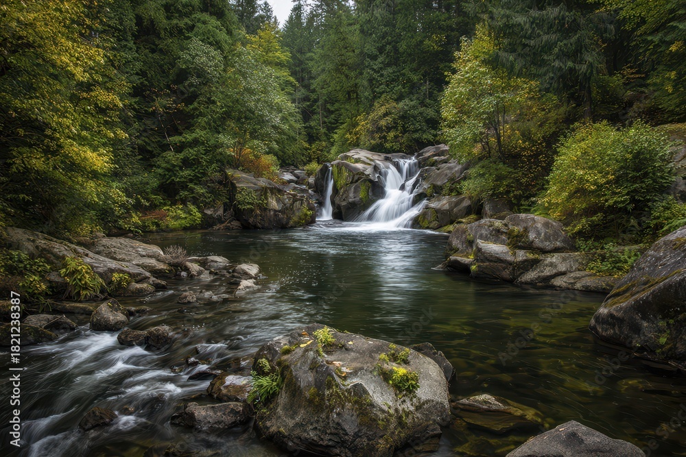 Obraz premium Stunning Whatcom Falls: A Breathtaking Cascade Amidst Lush Green Forests and Serene Waters in Bellingham, Washington