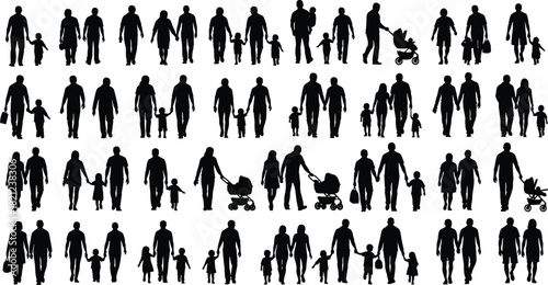 Diverse Collection of Family Silhouettes Walking, Holding Hands, and Pushing Strollers, Representing Parents, Children, and Love, Ideal for Concepts of Parenthood, Unity, and Generations.