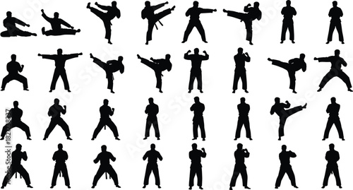 Diverse Collection of Martial Arts Fighter Silhouettes, Kickboxing and Taekwondo Training Poses, Different Kicks, Combat Sport, Self-Defense, and Dynamic Action Vector Illustrations Isolated Set.