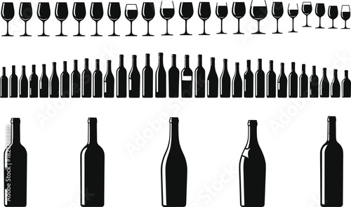 Diverse Set of Wine Bottles and Glasses Silhouette Icons, Variety of Shapes for Alcoholic Beverages Vector Collection, Celebrating Fine Dining, Bar Menus, and Vineyard Industry