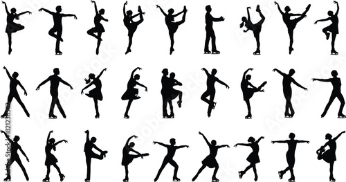 Elegant Black Silhouette Collection of Figure Skaters Performing Graceful Jumps, Spins, and Poses on Ice, Capturing the Artistic Movement and Passion of Winter Sports and Competitive Skating.