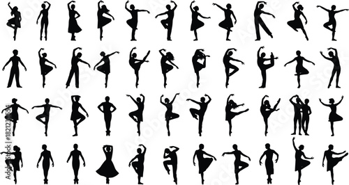 Elegant silhouette dancers performing diverse artistic poses, showcasing graceful movement, creative choreography, expressive motion, dynamic balance, modern dance forms, isolated black