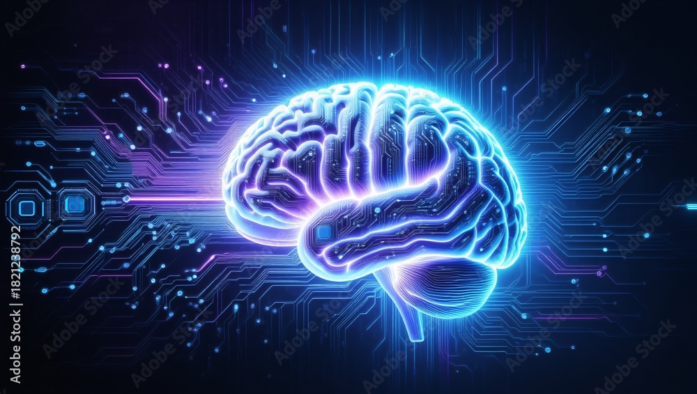 Fototapeta premium Glowing neon brain on digital circuit board