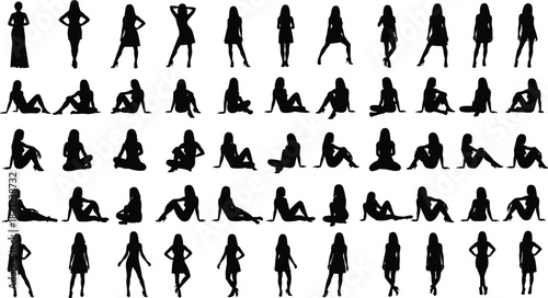 Extensive collection of diverse female silhouettes in various standing, sitting, and reclining poses, representing beauty, fashion, modeling, elegance, and womanhood for design, advertising,  