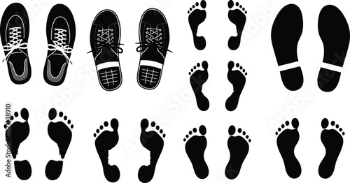 Footprints and shoe prints silhouette collection, detailed walking marks, black vector steps illustration set for tracking, patterns, graphic design, path icons, direction symbols