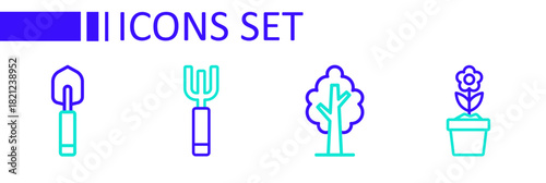 Set line Flower in pot, Tree, Garden pitchfork and trowel spade shovel icon. Vector