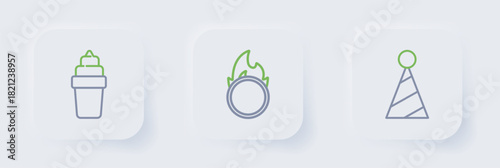 Set line Party hat, Circus fire hoop and Ice cream in waffle icon. Vector