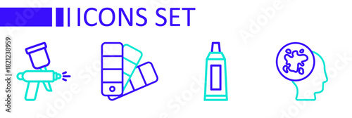 Set line Paint spray, Tube with paint palette, Color guide and gun icon. Vector