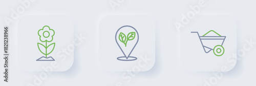Set line Wheelbarrow, Location with leaf and Flower icon. Vector