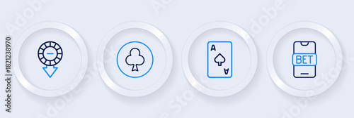 Set line Online sports betting, Playing card with spades symbol, clubs and Casino chips icon. Vector