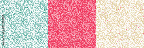 Set of seamless botanical patterns in doodle style. For holiday wrapping paper. New Year's fantasy pattern with plants and hearts for declaration of love. Elegant and whimsical pattern