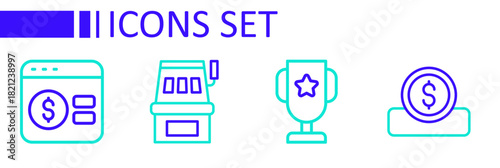 Set line Coin money with dollar, Casino poker trophy cup, Slot machine and Online table game icon. Vector