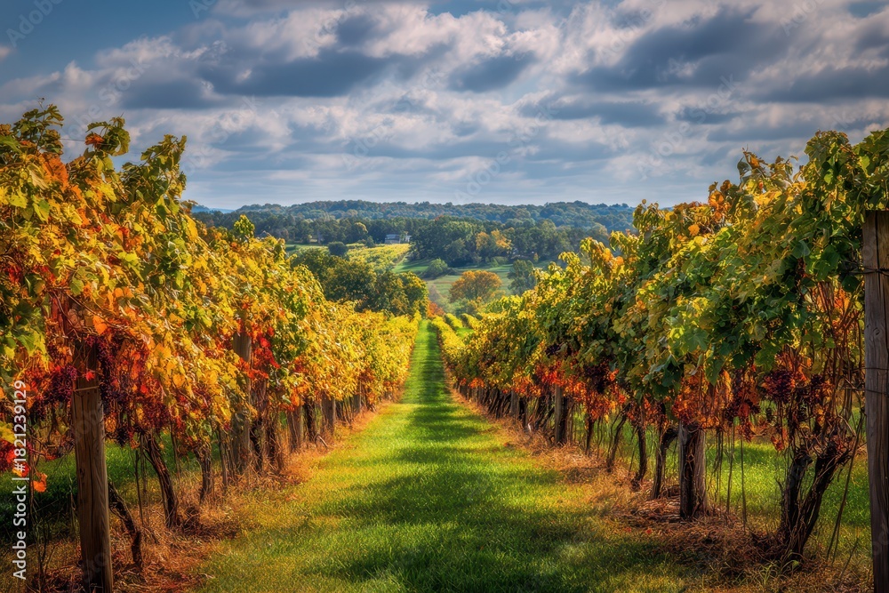Naklejka premium Vibrant Vineyard Scene in Lehigh Valley, Pennsylvania: A Celebrated Hub of Grape Cultivation and Wine Production