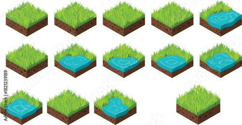 Isometric Set of Grass Cubes and Water Ponds, Featuring Game Blocks of Green Turf and Earth, Ideal for Building Maps, Creating Virtual Landscapes, and Digital Game Assets.