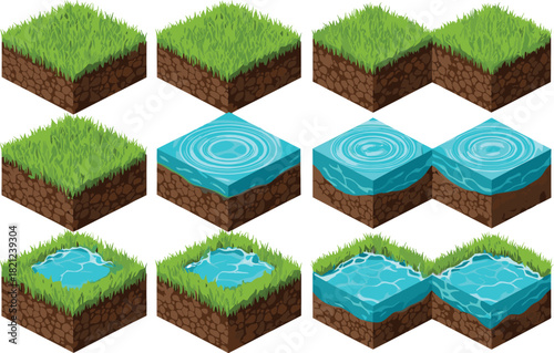 Isometric grass and water tiles, cartoon ground blocks, game terrain set, vector land assets, soil and water illustration, nature landscape elements pack