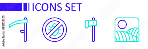 Set line Agriculture wheat field farm, Wooden axe, Stop colorado beetle and Scythe icon. Vector
