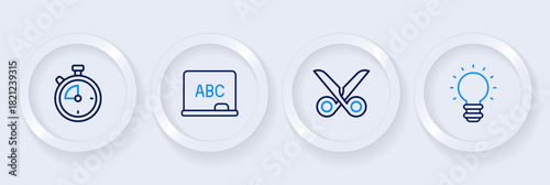 Set line Creative lamp light idea, Scissors, Chalkboard and Stopwatch icon. Vector