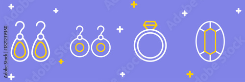 Set line Gem stone, Diamond engagement ring, Earrings and icon. Vector