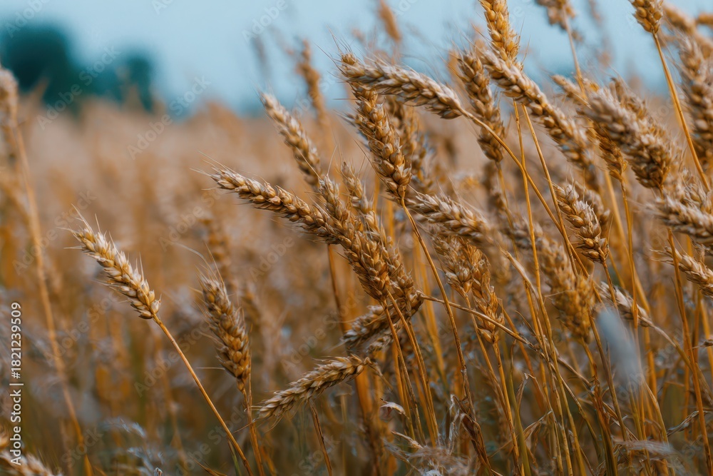 Fototapeta premium Vibrant Summer Wheat Field Under a Brilliant Blue Sky: Nature's Golden Grain Embracing the Harvest Season