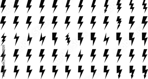 Large Collection of Black Lightning Bolt and Thunder Icon Shapes, Energy Power Charge Symbol Vector Set, Danger Warning Electricity Mark Elements, Perfect for Graphic Design and Digital Interface Use