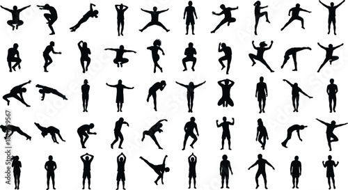 Large Collection of Dynamic Human Action Silhouettes, People Exercising, Jumping, Dancing, Stretching, and Fitness Poses, Athletic Figures, Sport Training, and Movement Vector Icons Set.