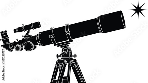 Black Silhouette of Astronomical Telescope on a Tripod Pointing at a Star, Science and Astronomy Equipment, Space Exploration Tool, Observing Celestial Bodies, Hobbyist Stargazing Vector Icon