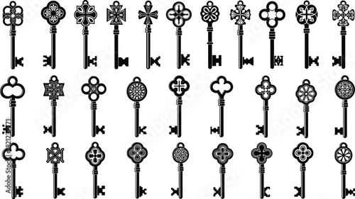 Large Collection of Intricately Designed Vintage Skeleton Keys in Black Silhouette, Featuring Ornate Bows and Wards, Symbolizing Mystery, Security, Access, and Historical Secret Knowledge.