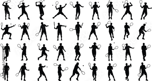 Large collection of tennis player silhouettes, showcasing dynamic action poses like serving, volleying, forehand, and backhand strokes, ideal for sports, competition, fitness, exercise,