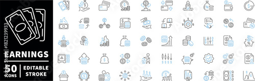 Finance and earnings icons set. editable line icons, outline, money and economy symbols