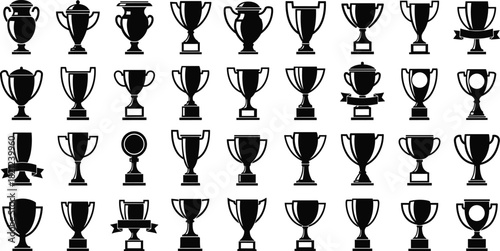 Large Collection of Trophy and Award Silhouette Icons, Various Winners Cups, Championship Goblets, Prize Bowls, Success Symbols, Competition, and Victory Vector Illustrations Isolated Set.