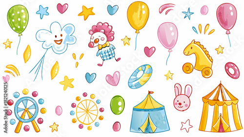 Hand drawn crayon pencil stroke doodle clowns, balloons, tents, popcorn, stars, animals, and Ferris wheels. Vector illustration