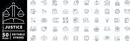 Justice and law icons set. editable line, linear symbols for legal services