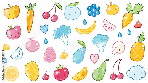 Hand drawn crayon pencil stroke doodle fruits and vegetables like apples, carrots, tomatoes, broccoli, pears, and cherries. Vector illustration