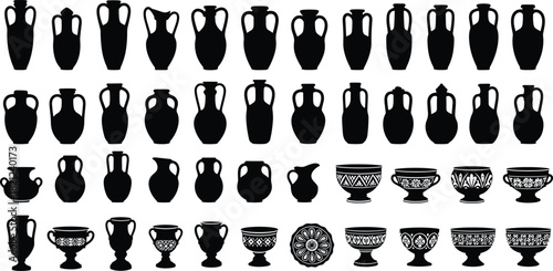 Massive Ancient Greek and Roman Ceramic Pottery Silhouette Collection, Historic Krater Vases, Traditional Amphora Jars, Pitchers, and Ornate Drinking Bowls Isolated Set
