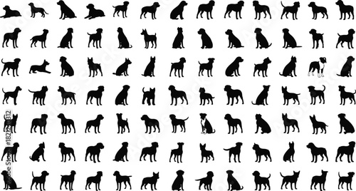 Massive Dog Breeds Silhouette Collection, Various Canine Poses, Different Shapes, Animals Walking, Sitting, and Lying Down, Mammals, Pets, and Veterinary Vector Icons Set