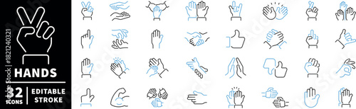 Hands icons set. editable line icons in outline, gesture, and symbol designs
