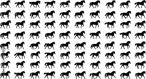 Massive collection of various horse silhouettes showing diverse movements like running, trotting, and galloping, representing freedom, racing, equestrian sport, power, and dynamic animal motion 