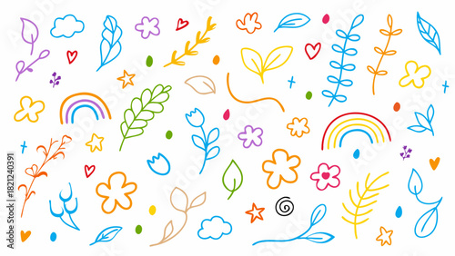 Line icon cute element set. Doodle line color icon, suns, clouds, rainbows, trees, flowers, and butterflies. Vector illustration