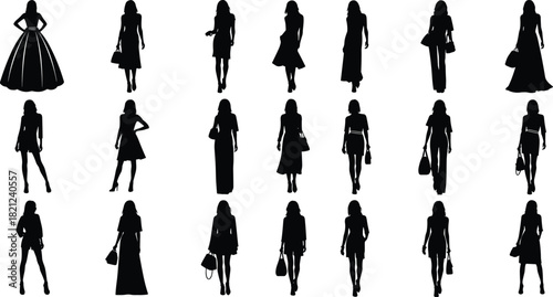 Set of beautiful fashion model silhouettes in diverse stylish clothing, including dresses, skirts, and trousers, representing luxury, elegance, glamour, retail, and contemporary female style 