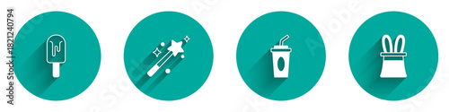 Set Ice cream, Magic wand, Paper glass with water and Magician hat rabbit ears icon with long shadow. Vector