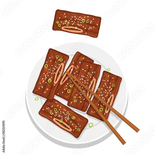 Glazed beef short ribs with visible bones, garnished with sesame and scallions, are plated beautifully with wooden chopsticks in this appetizing illustration