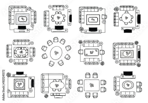Top Down View Floor Plan Layouts Modern Living Room and Dining Room Furniture Arrangements furniture icons interior design architecture