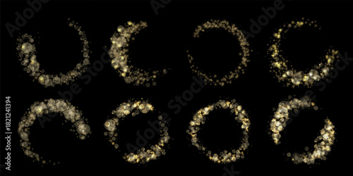 Shimmering glitter circles. Glowing light dust rings with magic glimmer trail, golden sparkling round frames and luxury glittery circular borders with stardust shiny bokeh orbs vector