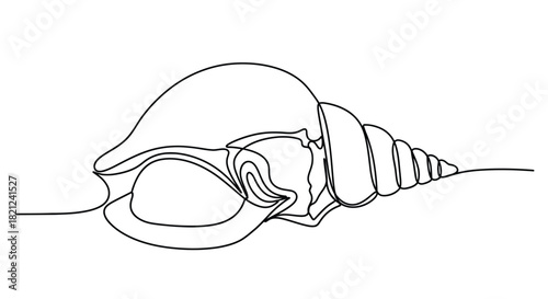 Minimalist single line drawing of a spiral seashell resting on a sandy surface elegant and simple design
