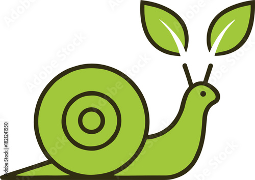 Minimalist green snail logo with leaf antennae representing organic gardening, slow living, and eco friendly nature design concepts.
