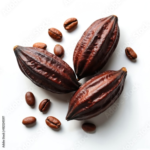 Wallpaper Mural Three dark cocoa pods, several roasted beans carefully placed on pure white background. Natural brown ingredients key for crafting delicious chocolate, various drinks, gourmet desserts. Harvested Torontodigital.ca