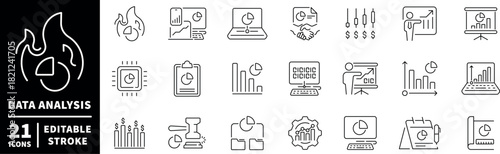 Data analysis editable line icons set. linear style for statistics and chart design